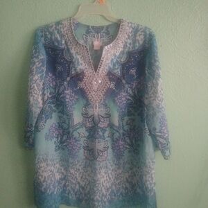 Chico's Blue and White Patterned Blouse